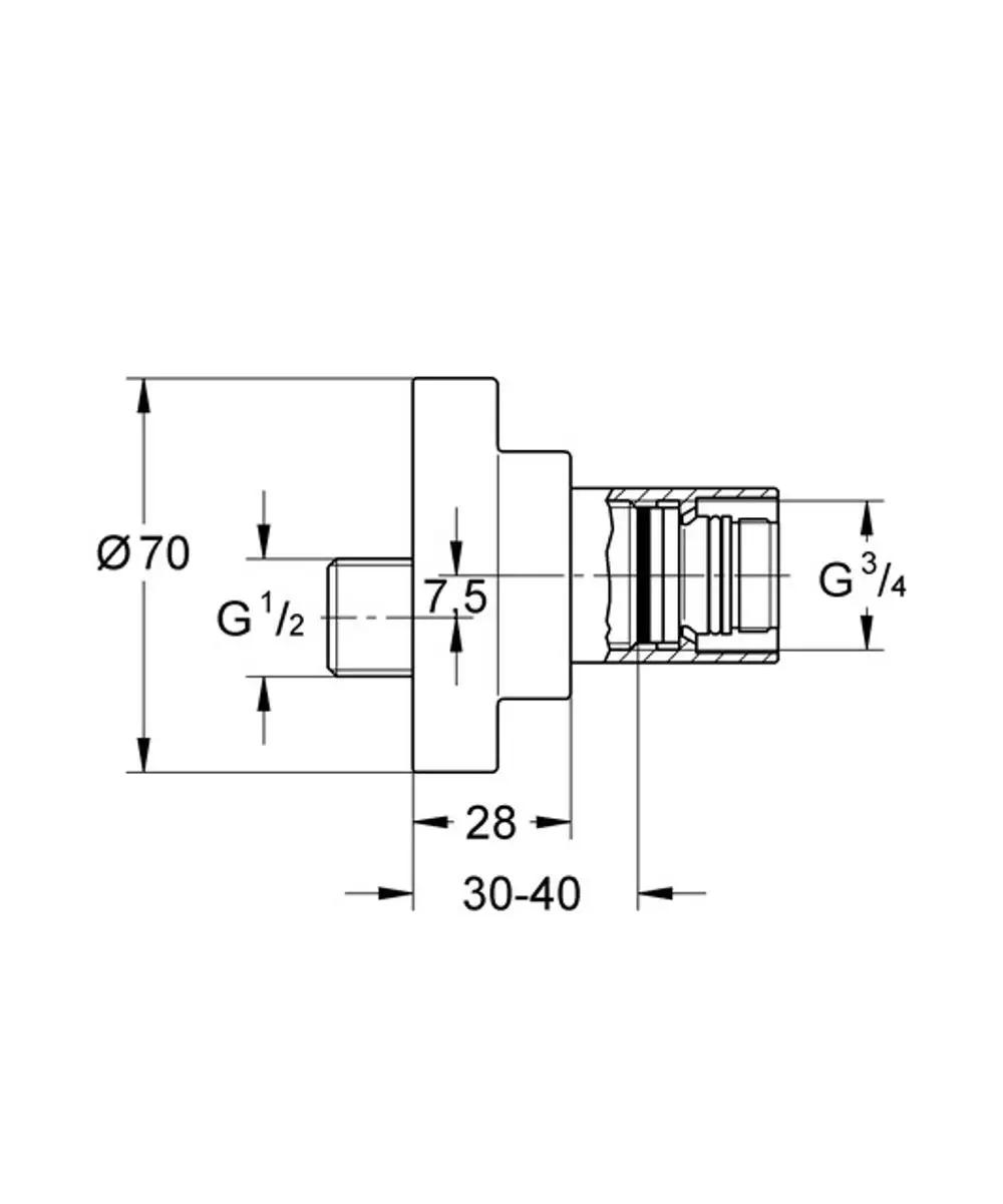 Technische Zeichnung einer Anschlussverschraubung von Grohe, inklusive Abmessungen und Gewindearten, dargestellt in Seitenansicht.