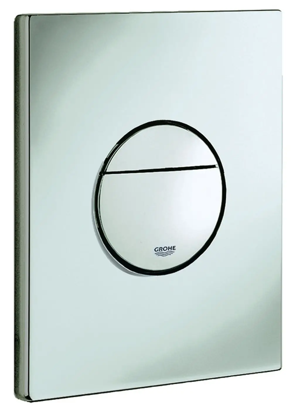 Betätigung für eine WC-Spülung aus verchromtem Material von Grohe, mit zwei Druckflächen für unterschiedliche Spülmengen, rechteckiger Form.