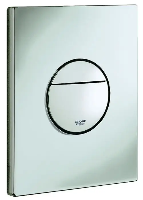 Betätigung für eine WC-Spülung aus verchromtem Material von Grohe, mit zwei Druckflächen für unterschiedliche Spülmengen, rechteckiger Form.