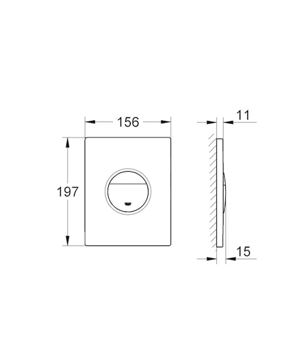 Schemazeichnung einer GROHE WC-Betätigung Nova Cosmopolitan (Artikelnummer 38765SH0) in Alpinweiß, mit Maßangaben: 156 mm Breite, 197 mm Höhe, 11 mm und 15 mm Tiefe.