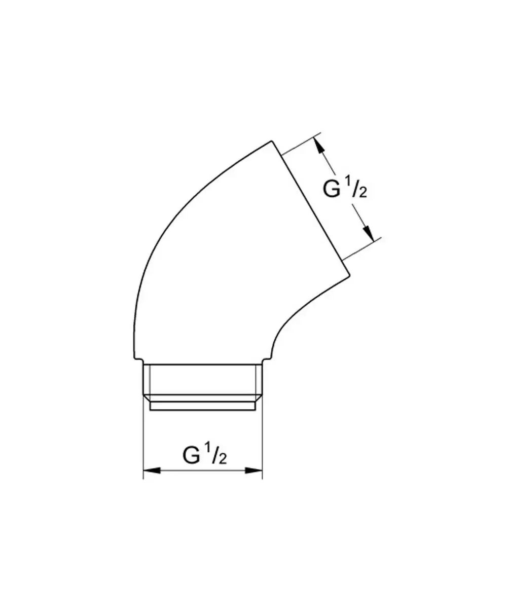 GROHE Adapter in Weiß mit 1/2" Anschluss, schräg geformt, zur Verbindung von Rohrleitungen. technische Zeichnung mit Maßangaben.