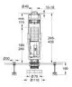 Technisches Diagramm eines Grohe-Ablaufventils, das Details zu Abmessungen und Montage zeigt, einschließlich Druckknopfbetätigung und verschiedenen Anschlussgrößen.