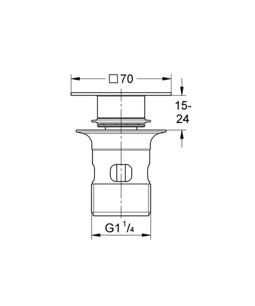 Technische Zeichnung eines GROHE Stopfens mit Kelch für einen Standard-Ablauf, inklusive Maße und Gewindeangaben.