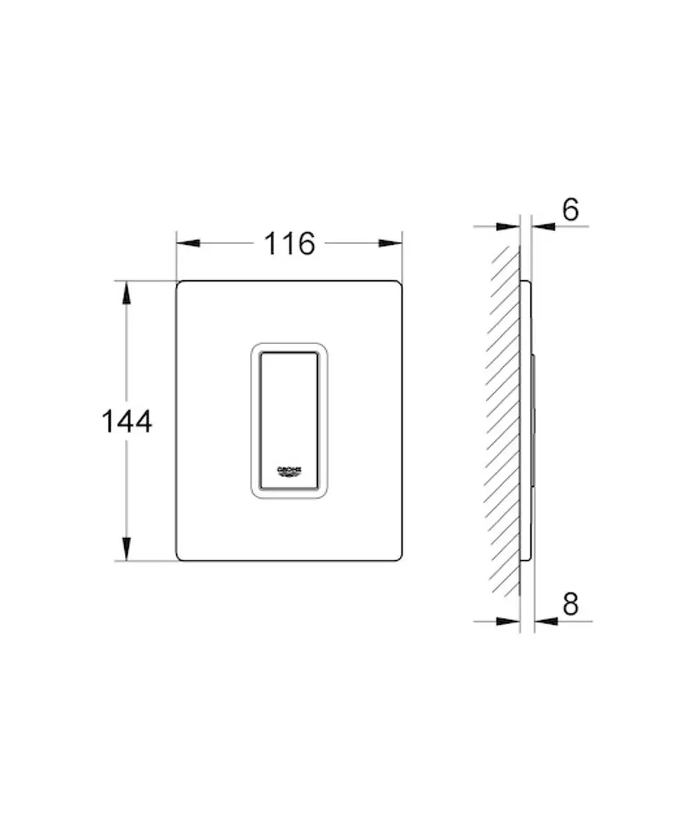 Produktzeichnung GROHE Urinal-Betätigung Skate Cosmopolitan 38846KS0, Maße: 144 x 116 x 6-8 mm. Rechteckige Form mit kleinem Rechteck in der Mitte.