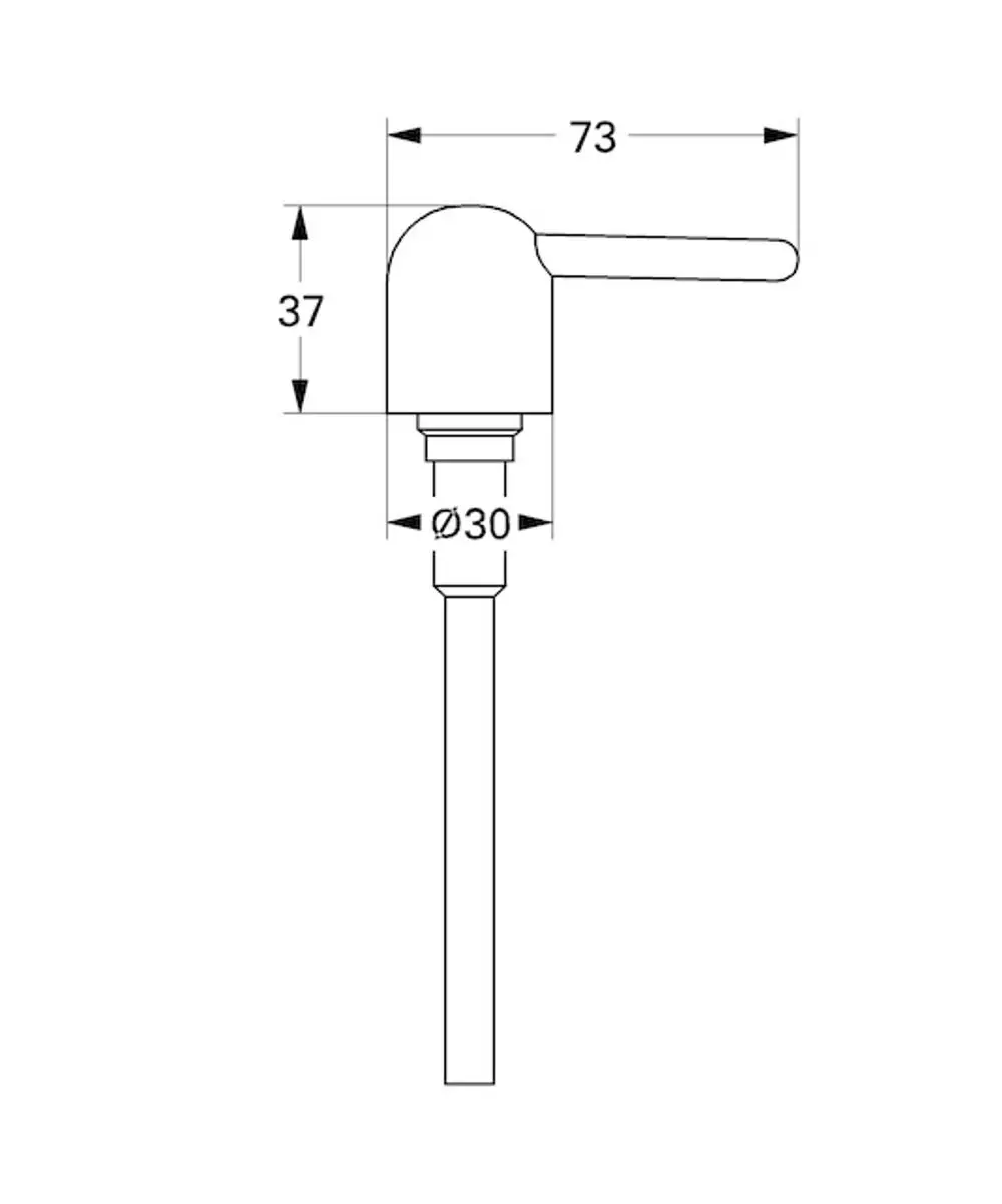 Grohe Pumpvorrichtung mit einem verchromten Hebel und einem zylindrischen Pumpmechanismus, skizziert mit Abmessungen für eine Seifenspender-Installation.