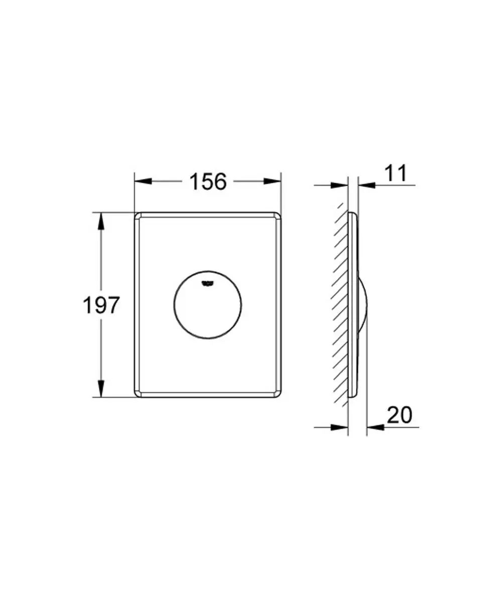 Grohe WC-Betätigung in Edelstahl mit quadratischer Form, zentralem Betätigungsknopf und flacher Seitenansicht, geeignet für die Montage an Wand-WC-Systemen.