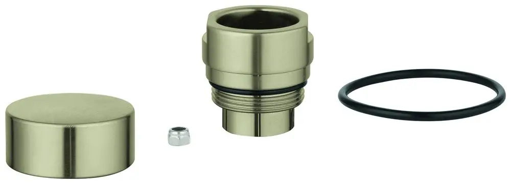 Grohe Umstellknopf in gebürstetem Nickel, bestehend aus einem Knopf, einer Adapterhülse, einer Unterlegscheibe und einem O-Ring.