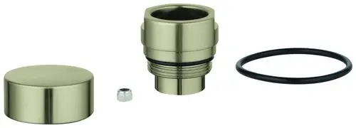 Grohe Umstellknopf in gebürstetem Nickel, bestehend aus einem Knopf, einer Adapterhülse, einer Unterlegscheibe und einem O-Ring.