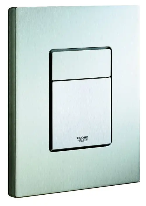 Wandtaster aus Edelstahl zur Betätigung von WCs, mit einer klaren, minimalistischen Form und dem Grohe-Logo auf der Unterkante.