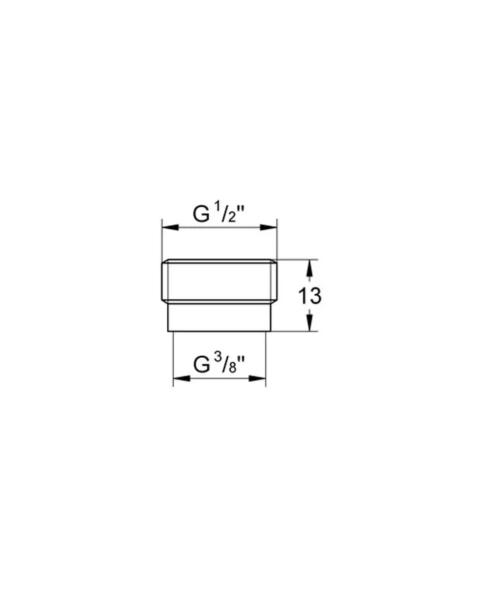 Grohe-Adapter mit einem Durchmesser von 1/2" und 3/8", dargestellt in einer technischen Zeichnung, die die Maße und Form des Produkts zeigt.
