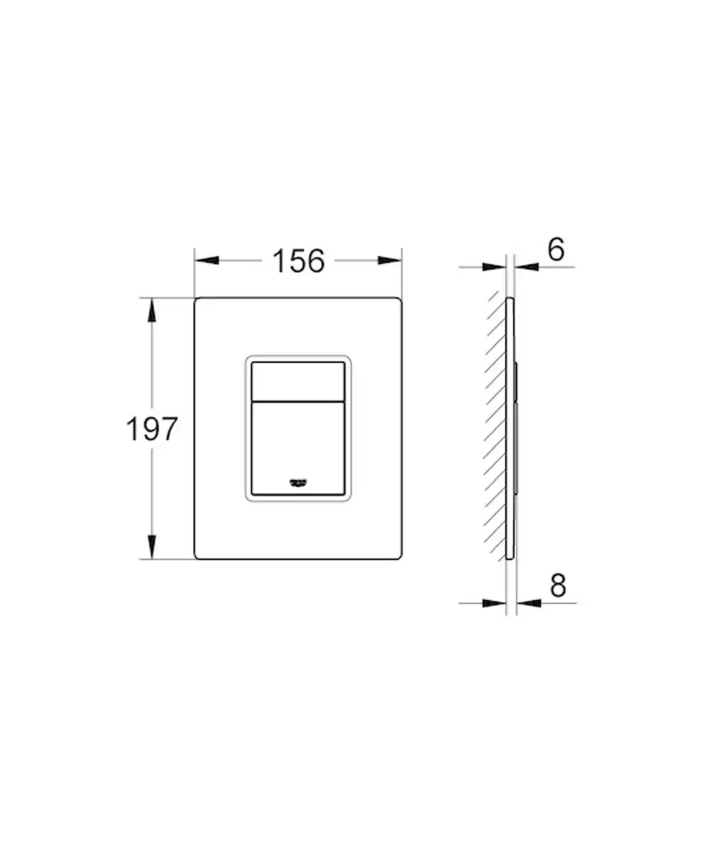 Technische Zeichnung der GROHE WC-Betätigung Skate Cosmopolitan 38845 mit Glasoberfläche in Moon White, Maße: 197 x 156 x 6/8 mm.