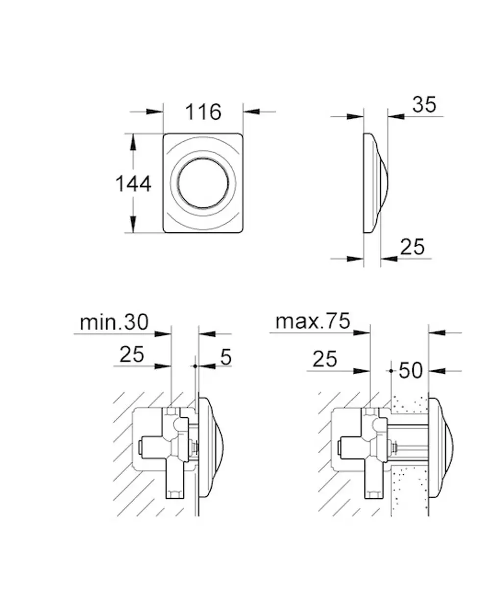 GROHE Urinal-Betätigung mit Druckknopf, seitliche Ansicht mit Maßangaben. Sichtbare Komponenten und Montageschnittstellen sind dargestellt.