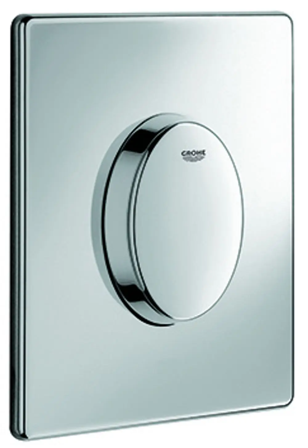 GROHE WC-Betätigung mit runder Drucktaste auf einer glatten, metallischen Oberfläche. Das Design ist schlicht und modern, mit einer klaren Linie.