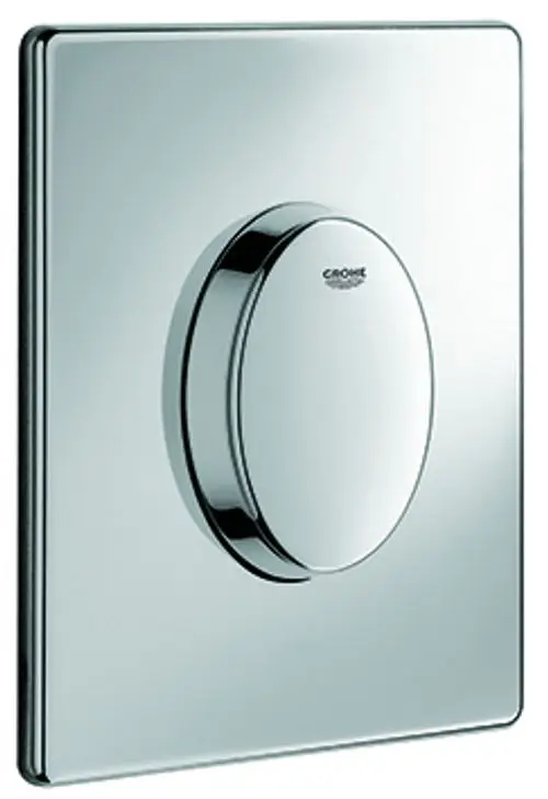 GROHE WC-Betätigung mit runder Drucktaste auf einer glatten, metallischen Oberfläche. Das Design ist schlicht und modern, mit einer klaren Linie.