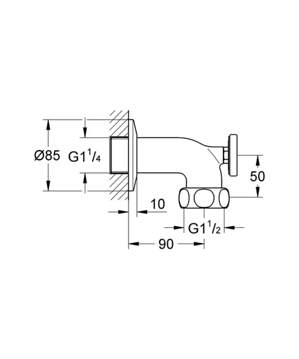 GROHE Abgangsbogen mit seitlichem Anschluss, horizontalem Design und Thermometer auf der Oberfläche, grafische Darstellung mit Maßen und Gewindeangaben.