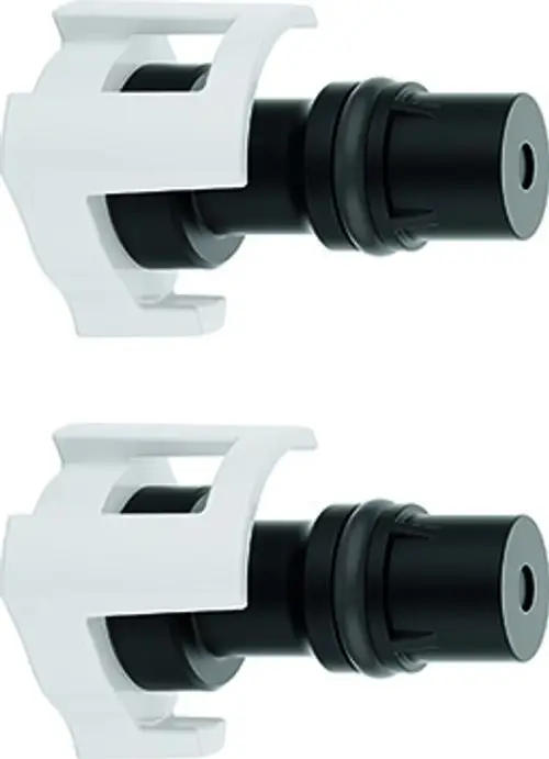 Zwei schwarze Vorabsperrungen mit weißen Halterungen, voraussichtlich für die Installation in einem Grohe System, dargestellt in der neutralen Position.