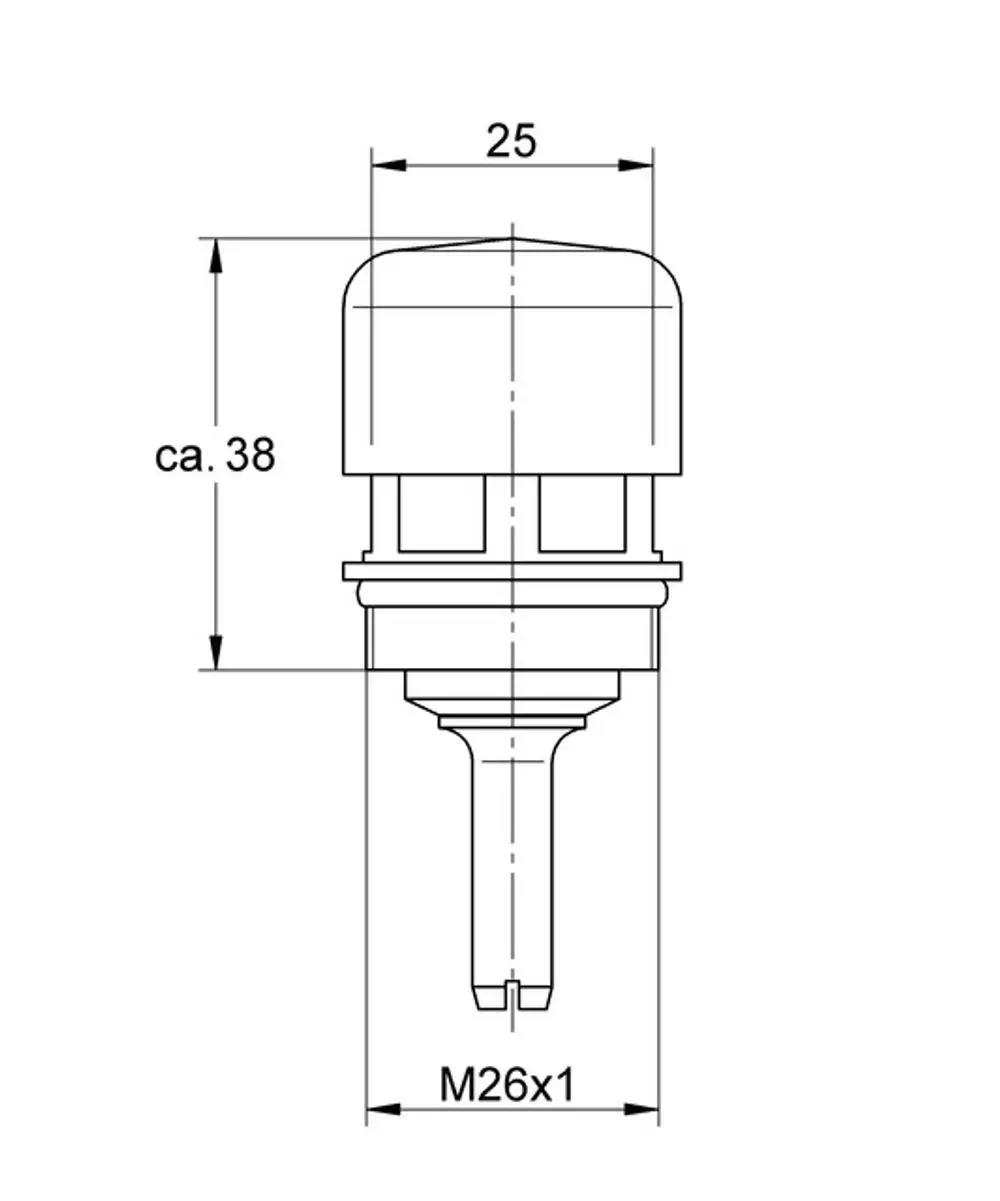 GROHE Umstellungsmechanismus mit rundem Kopf und M26 Gewinde. Schaubild zeigt Maßlinien für die Montage. Geeignet für spezifische Armaturenmodelle bis 1997.