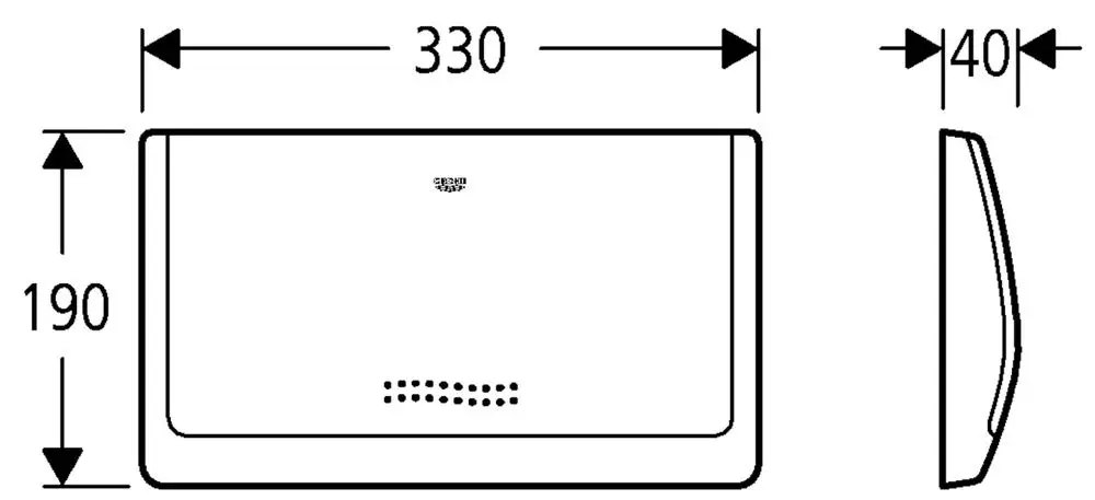 Weiße Abdeckplatte von Grohe mit einem rechteckigen Design, geeignet für einen Spülkasten. Seite zeigt die Dicke von 40 mm und die ungefähren Maße.