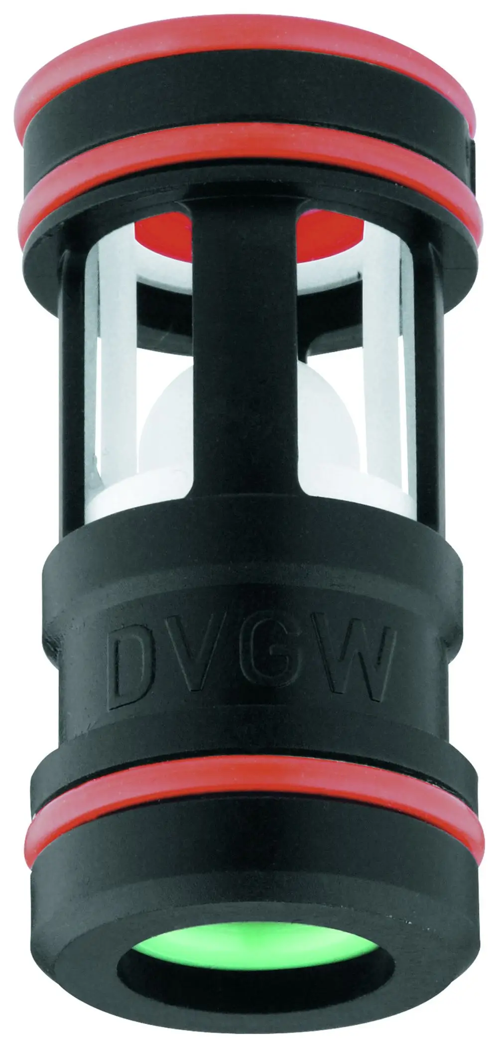 GROHE Sicherungseinrichtung mit schwarzem und rotem Gehäuse sowie grünem Lichtsignal. Entwurf für den Einsatz in Wasserinstallationen.