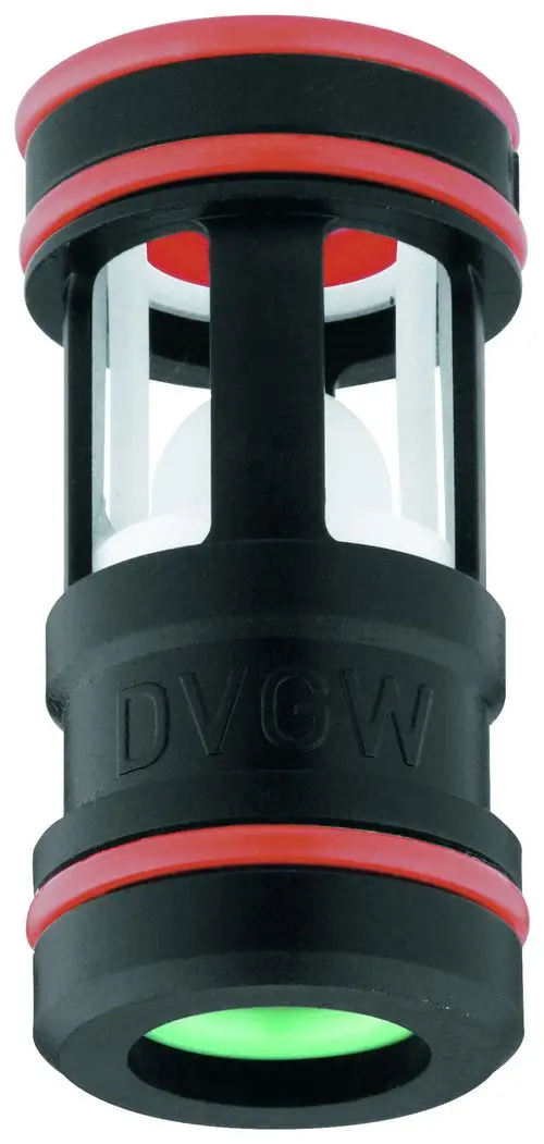GROHE Sicherungseinrichtung mit schwarzem und rotem Gehäuse sowie grünem Lichtsignal. Entwurf für den Einsatz in Wasserinstallationen.