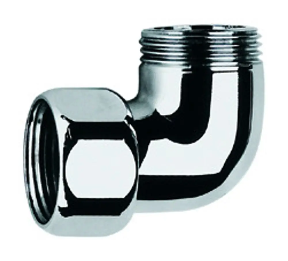 GROHE Anschlusswinkel in glänzendem Chrom, mit einem 90-Grad-Bogen und zwei offenen Gewinden. Geeignet für Rohrverbindungen in Sanitärinstallationen.