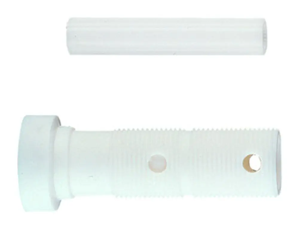 Weiße Verlängerung von Grohe, bestehend aus zwei Teilen, einem kürzeren zylindrischen Element mit Rillen und einem flachen Ende, zur Nutzung in Sanitärinstallationen.