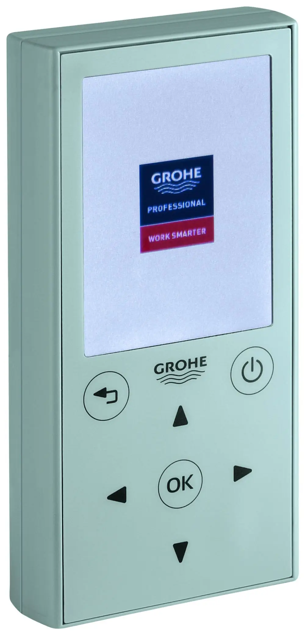 Fernbedienung von Grohe mit einem Bildschirm und mehrere Tasten zur Steuerung. Gezeigt ist das Gerät in einem klaren, kompakten Design.