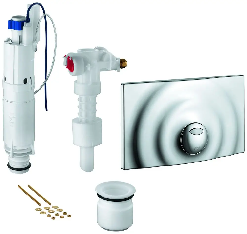 Set bestehend aus Spülkasten, Betätigungsplatte, Füllventil und Rohren. Zubehörteile von Grohe, geeignet zur Umrüstung von Toilettenspülungen.