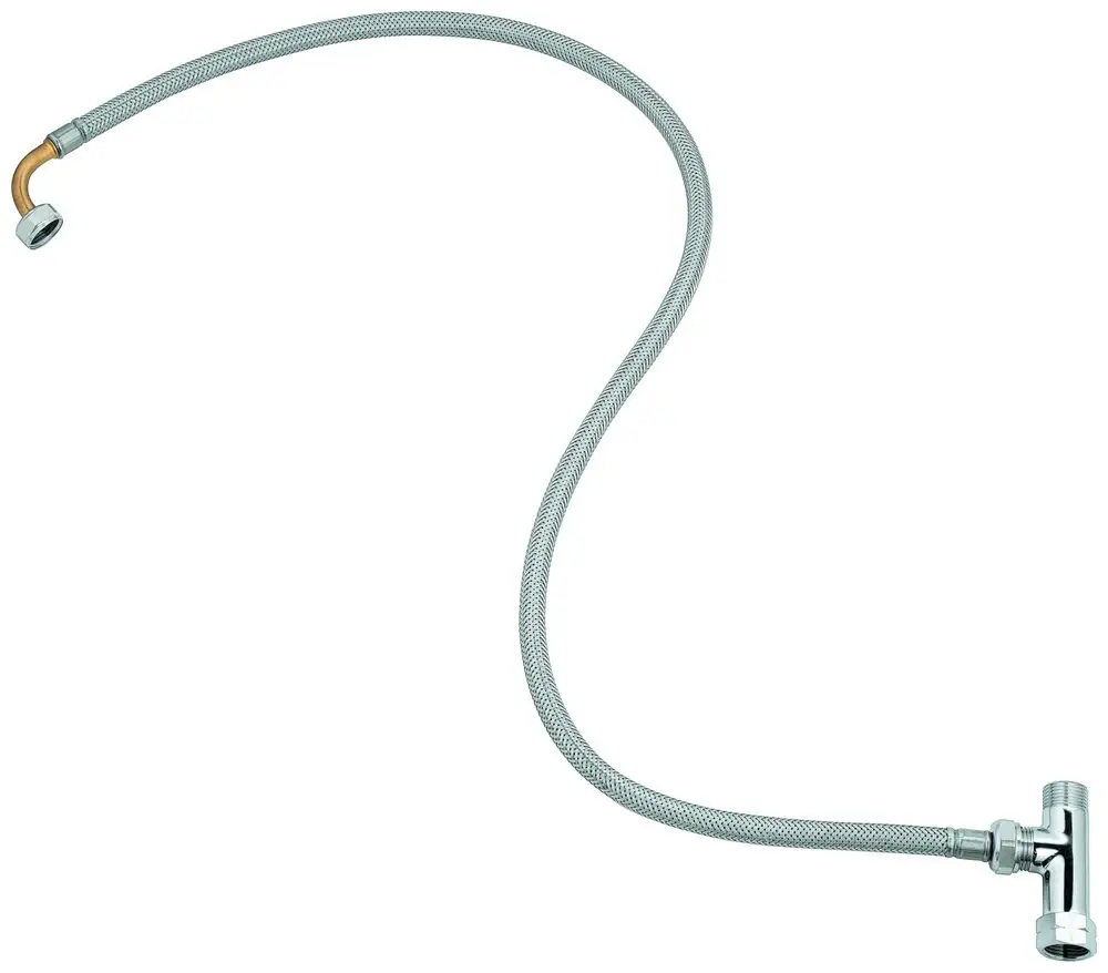 Flexibler Wasseranschluss mit verchromter Oberfläche und einer gebogenen Verbindung. Geeignet für die Installation von Dusch-WCs. Grohe Markenqualität erkennbar.