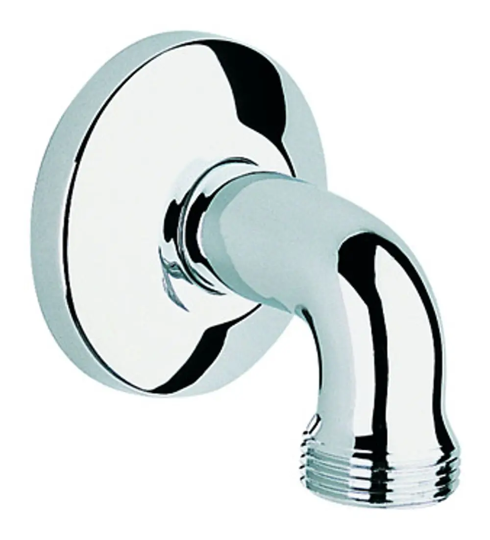 Grohe Anschlusswinkel aus glänzendem Metall, mit einem abgerundeten Design. Der Anschluss hat eine gewindeartige Struktur zur Befestigung an Rohrleitungen.