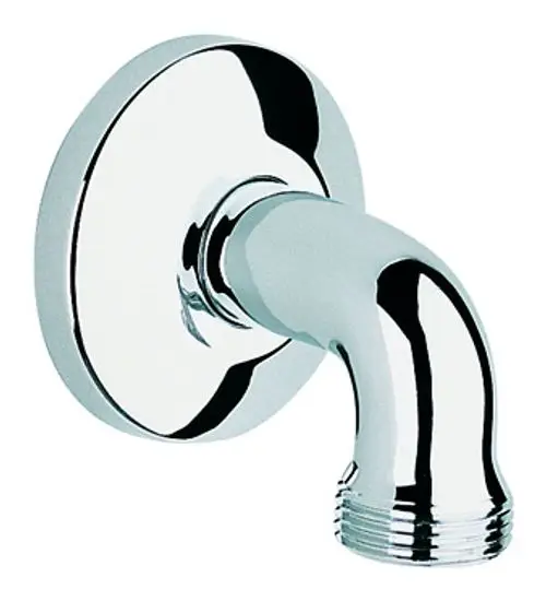 Grohe Anschlusswinkel aus glänzendem Metall, mit einem abgerundeten Design. Der Anschluss hat eine gewindeartige Struktur zur Befestigung an Rohrleitungen.