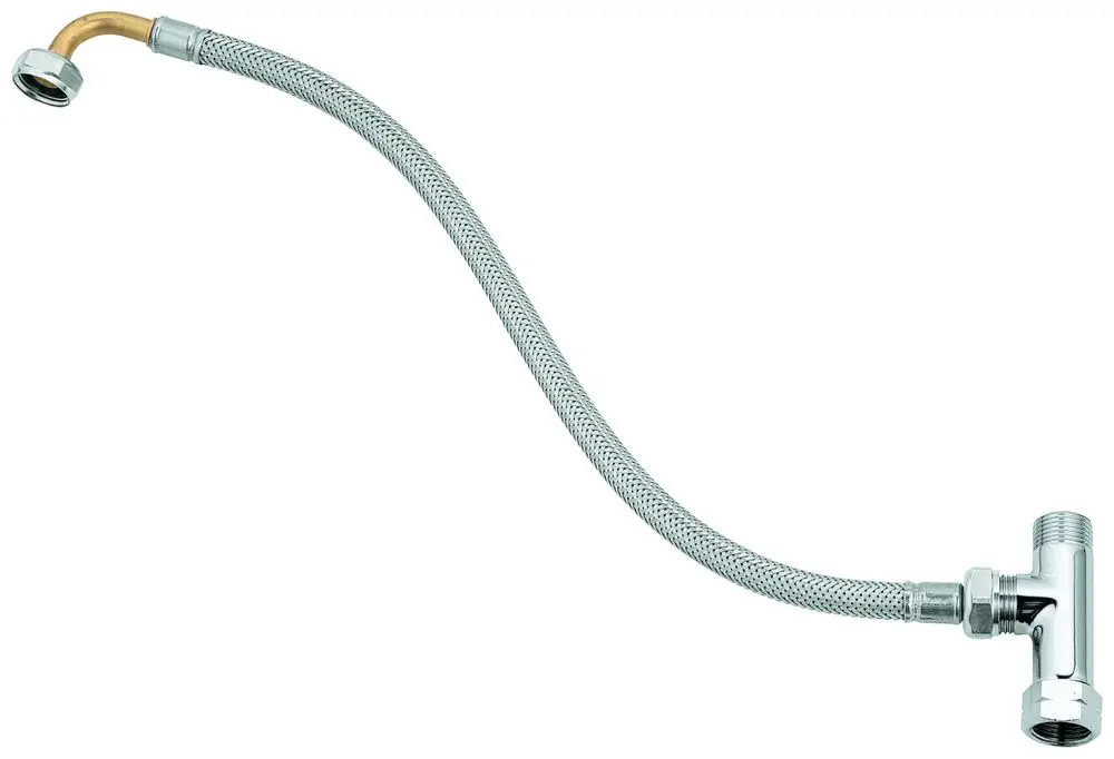 GROHE Verbindungsschlauch mit flexibler Edelstahlumwicklung und Metallanschlüssen für Wasserleitungen, gebogen in einer sanften Kurve.