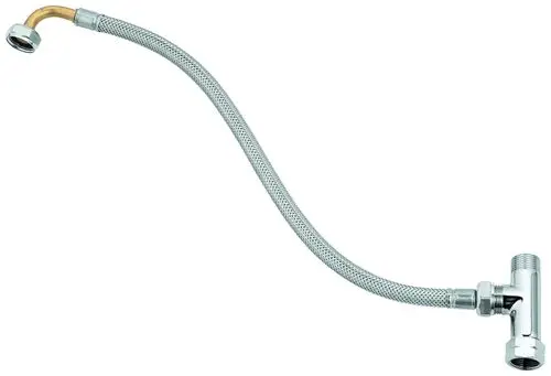 GROHE Verbindungsschlauch mit flexibler Edelstahlumwicklung und Metallanschlüssen für Wasserleitungen, gebogen in einer sanften Kurve.
