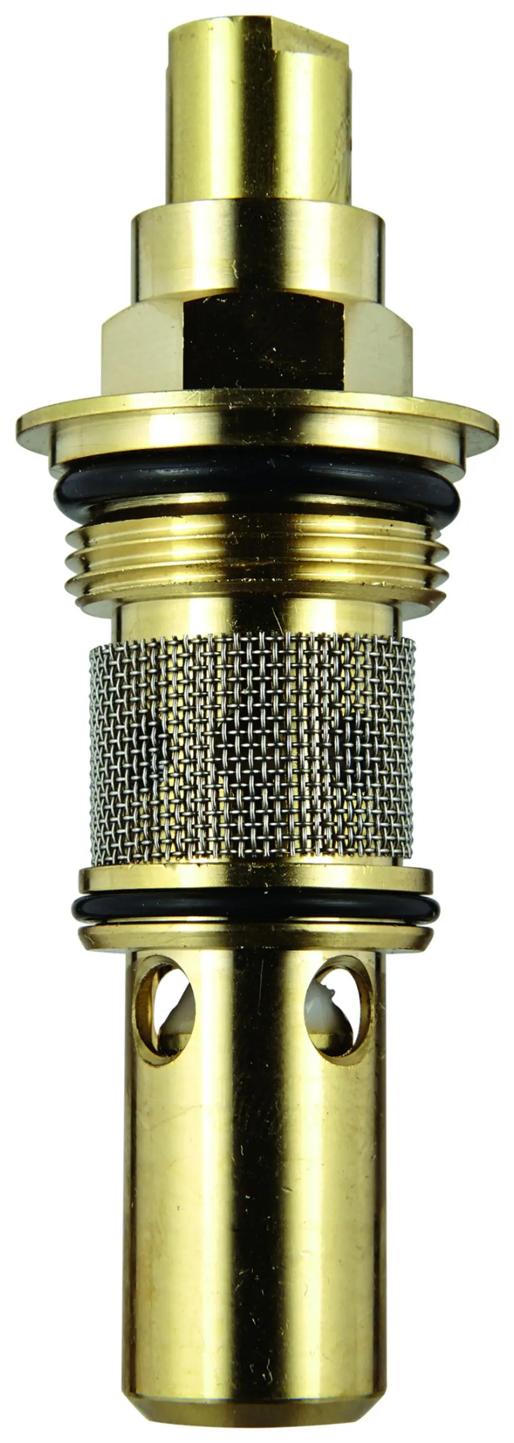 GROHE Absperrventil in Goldfarbe mit einem Metallkörper und einem Gitterelement. Die Konstruktion dient zur Regulierung des Wasserflusses.