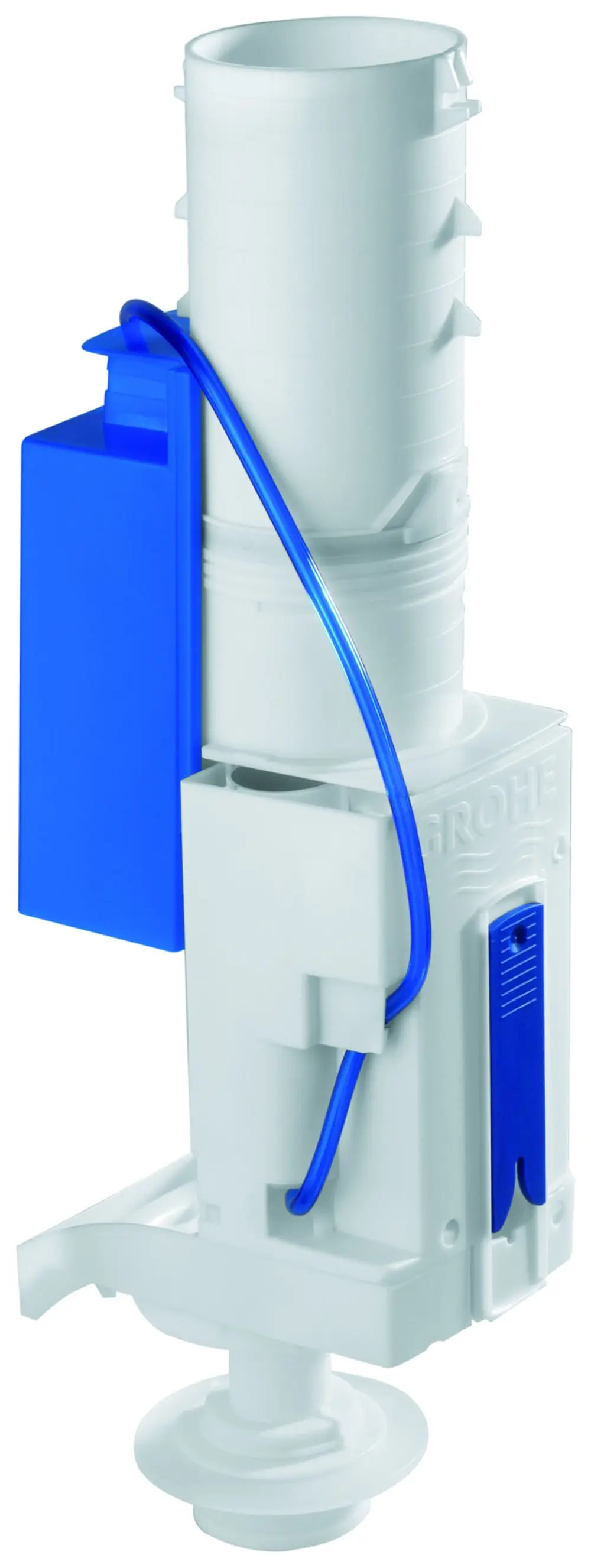 GROHE Abluftventil in weißer Kunststoffausführung mit blauen Elementen und Schlauch für die Wasserableitung, montagerfertig für Sanitärinstallationen.
