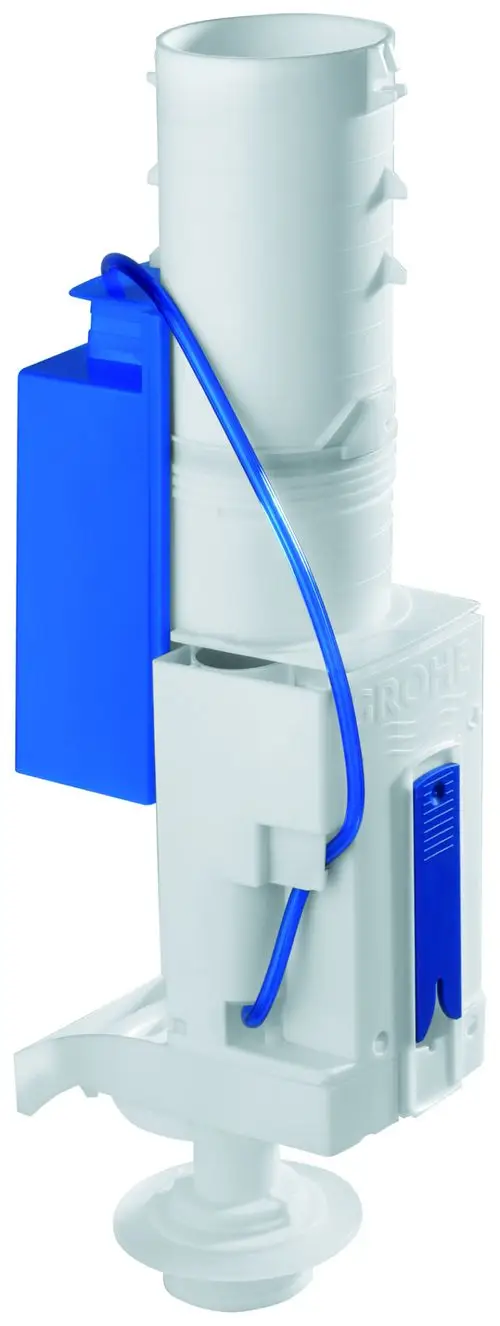 GROHE Abluftventil in weißer Kunststoffausführung mit blauen Elementen und Schlauch für die Wasserableitung, montagerfertig für Sanitärinstallationen.