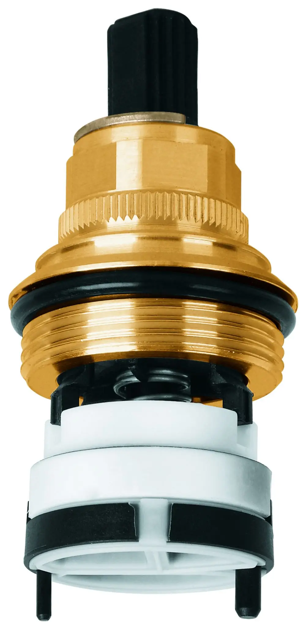 Grohe Produkt mit goldfarbenem Metallteil und schwarzem Kunststoffknopf, vermutlich ein Regelventil oder eine Steuerungskomponente für Thermostate.