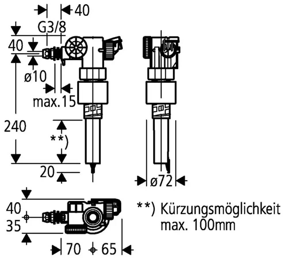 Füllventil für Spülkasten von Grohe, grafische Darstellung mit technischen Maßen und Anschlüssen, inkl. Notiz zur Kürzungsfähigkeit.