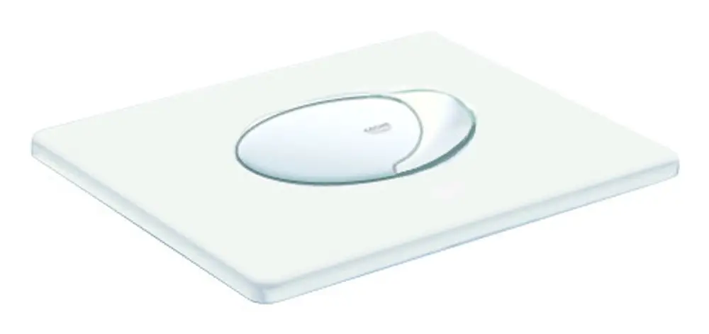 Weißer WC-Betätigungstaster von Grohe mit ovalem Druckfeld für Start/Stopp-Funktion, flache, rechteckige Form ohne sichtbare Schrauben. Ideal für moderne Badezimmergestaltung.