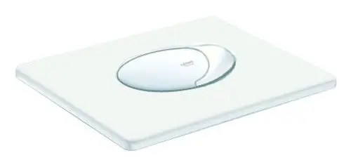 Weißer WC-Betätigungstaster von Grohe mit ovalem Druckfeld für Start/Stopp-Funktion, flache, rechteckige Form ohne sichtbare Schrauben. Ideal für moderne Badezimmergestaltung.