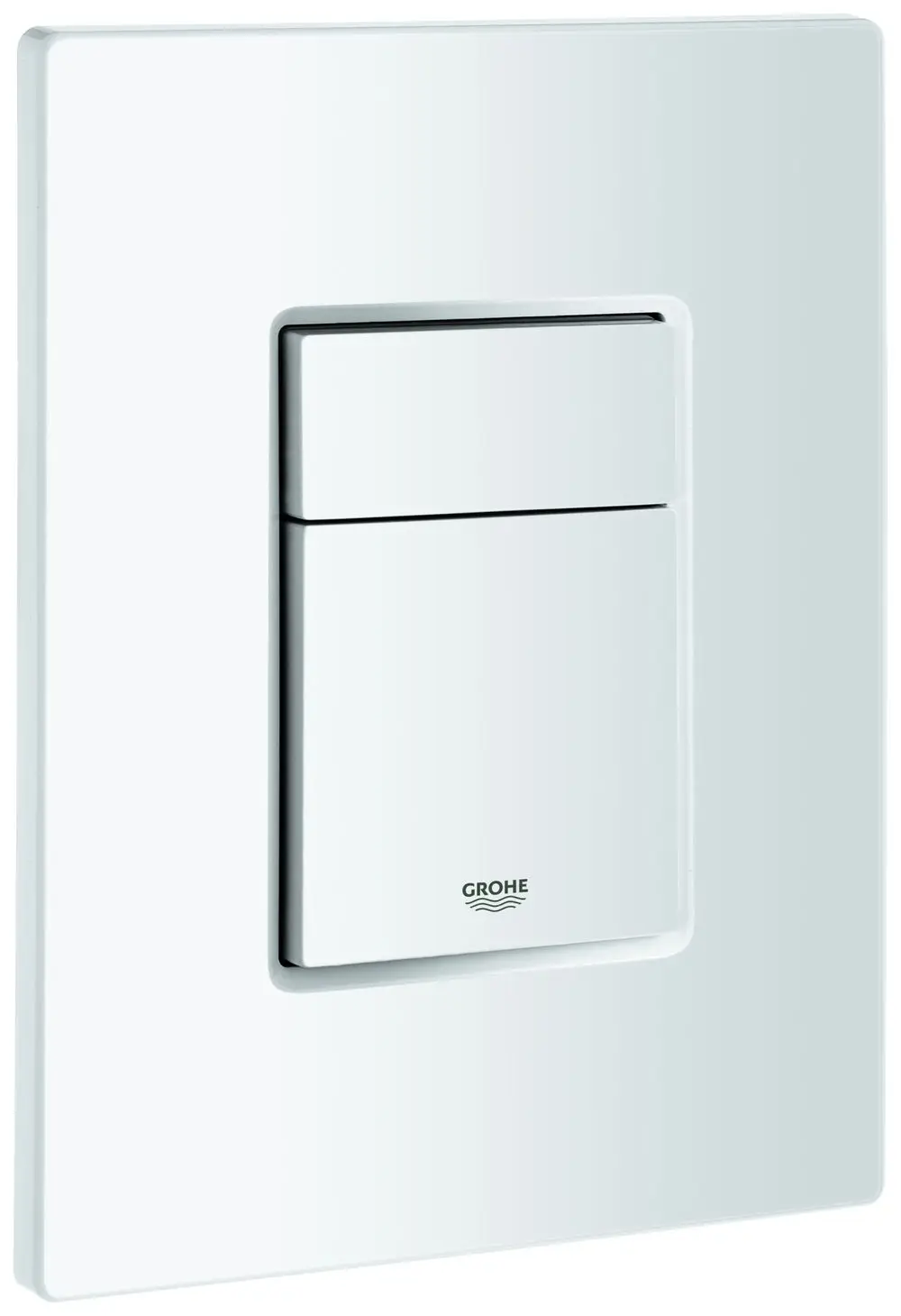 Weißes Drucktasten-Betätigungsfeld von Grohe mit zwei Tasten und einem minimalistischen Design, montiert auf einer rechteckigen Abdeckplatte.