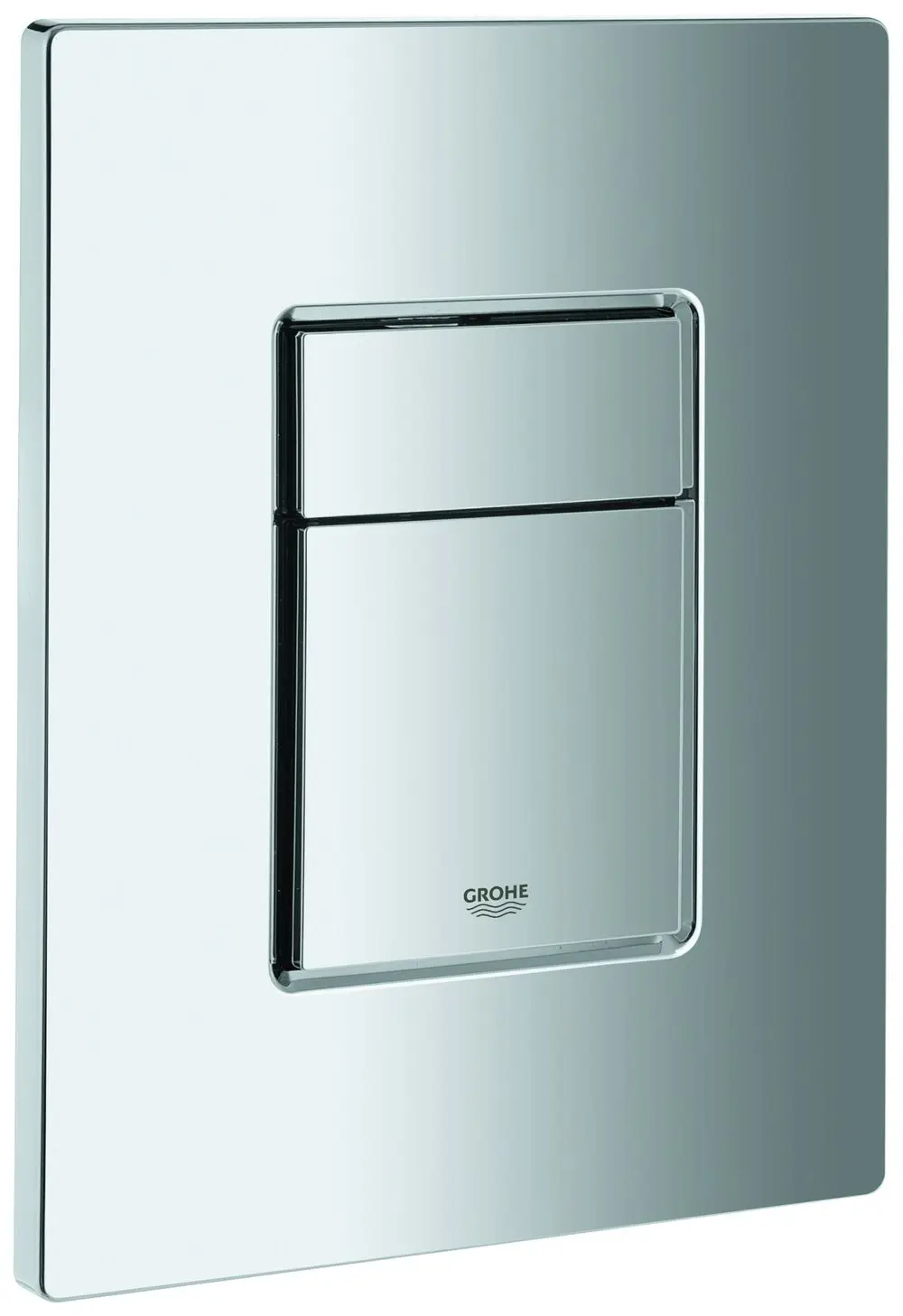 Chromfarbene Abdeckplatte mit Drucktaste, gestaltet für die Montage in einem Badezimmer. Das Logo von Grohe ist auf der Platte sichtbar.