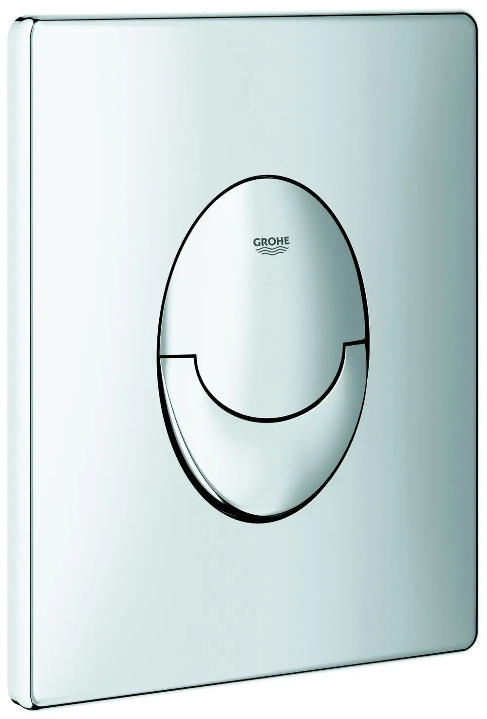 Betätigungselement von Grohe in chromfarbener Ausführung. Runde Betätigungstaste mit zwei Funktionen. Montageplatte in quadratischer Form, geeignet für WC-Spülungen.