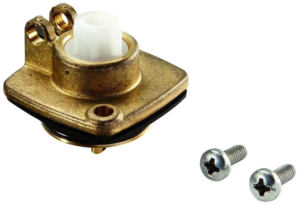 Grohe Bauteil in Goldfarbe für ein Urinal mit zwei Befestigungslöchern und einer weißen Kunststoffkappe. Enthalten sind zwei silberne Schrauben zur Montage.
