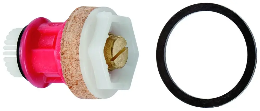 GROHE Kolben in Rot und Weiß für WC-Druckspüler, mit einem runden Dichtungsring in Schwarz daneben.