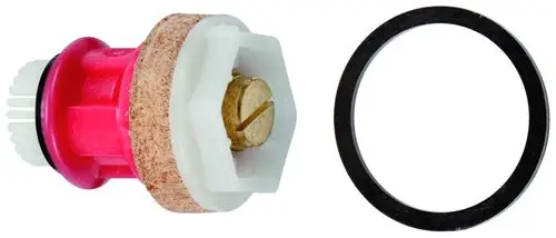GROHE Kolben in Rot und Weiß für WC-Druckspüler, mit einem runden Dichtungsring in Schwarz daneben.