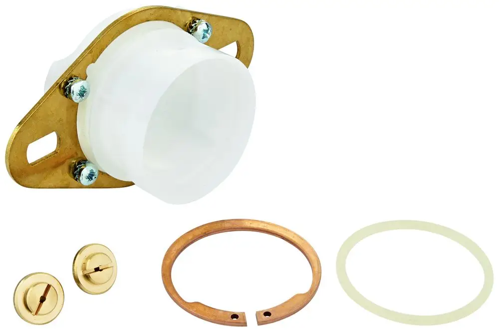 Weißes Kunststoffteil mit Metallbasis und Schrauben, umgeben von Dichtungen. Teile für eine Grohe-Installationslösung zur Wassersteuerung.