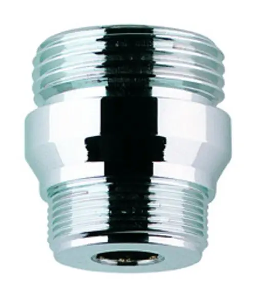 Grohe Nippel in chrom, mit Außengewinde und einem Anschluss für eine Umrüstung. Sichtbare Gewinde an beiden Enden für eine sichere Verbindung.