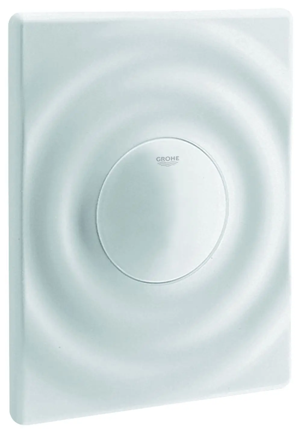 Weißes Betätigungselement von Grohe mit einem zentralen Druckknopf und wellenförmigem Design auf der Oberfläche. Eignet sich zur Steuerung einer WC-Spülung.