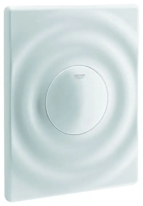 Weißes Betätigungselement von Grohe mit einem zentralen Druckknopf und wellenförmigem Design auf der Oberfläche. Eignet sich zur Steuerung einer WC-Spülung.